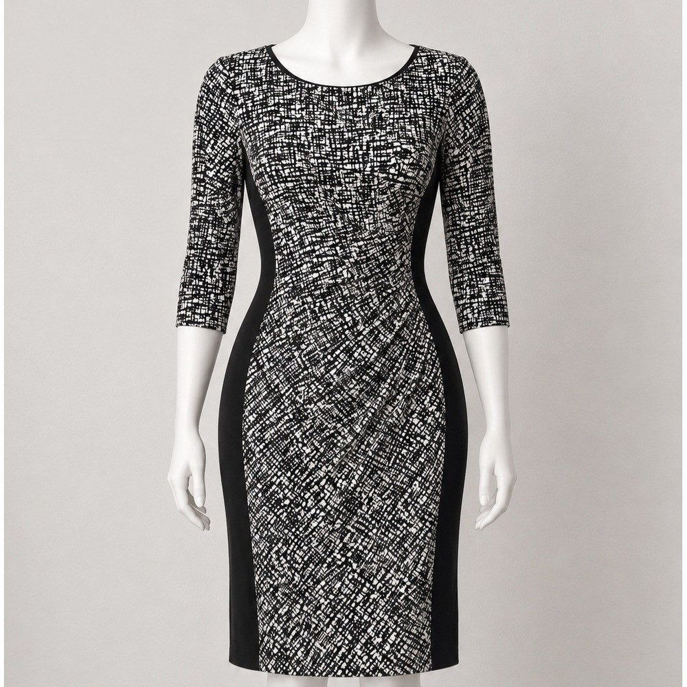 Lauren Ralph Lauren Black White Abstract Print Ruched Sheath Dress Size 4